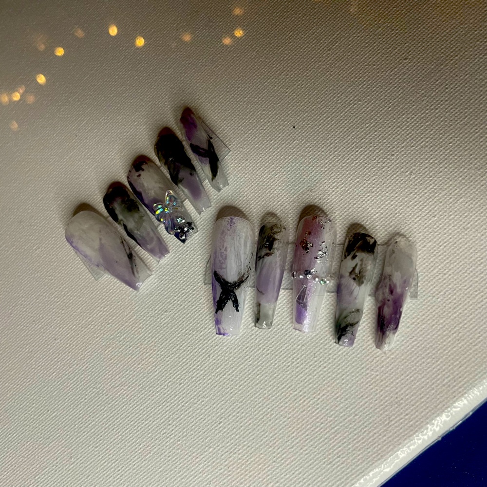 Frosted purple black coffin press on nails
